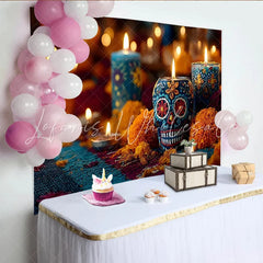 Lofaris Vibrant Mexican Fiesta Backdrop with Sugar Skull and Marigold Flowers Festive Day of the Dead Party Decor for Celebration
