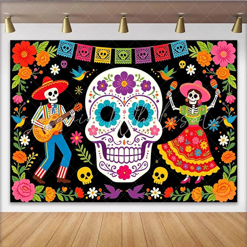 Lofaris Vibrant Mexican Fiesta Backdrop with Sugar Skulls and Skeletons Colorful Photo Background for Day of the Dead Celebration