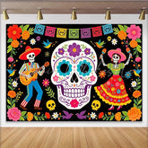 Lofaris Vibrant Mexican Fiesta Backdrop with Sugar Skulls and Skeletons Colorful Photo Background for Day of the Dead Celebration