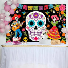 Lofaris Vibrant Mexican Fiesta Backdrop with Sugar Skulls and Skeletons Colorful Photo Background for Day of the Dead Celebration