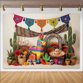 Lofaris Vibrant Mexican Fiesta Holiday Backdrop with Colorful Banners and Pinata Festive Sugar Skull Party Background for Celebrations