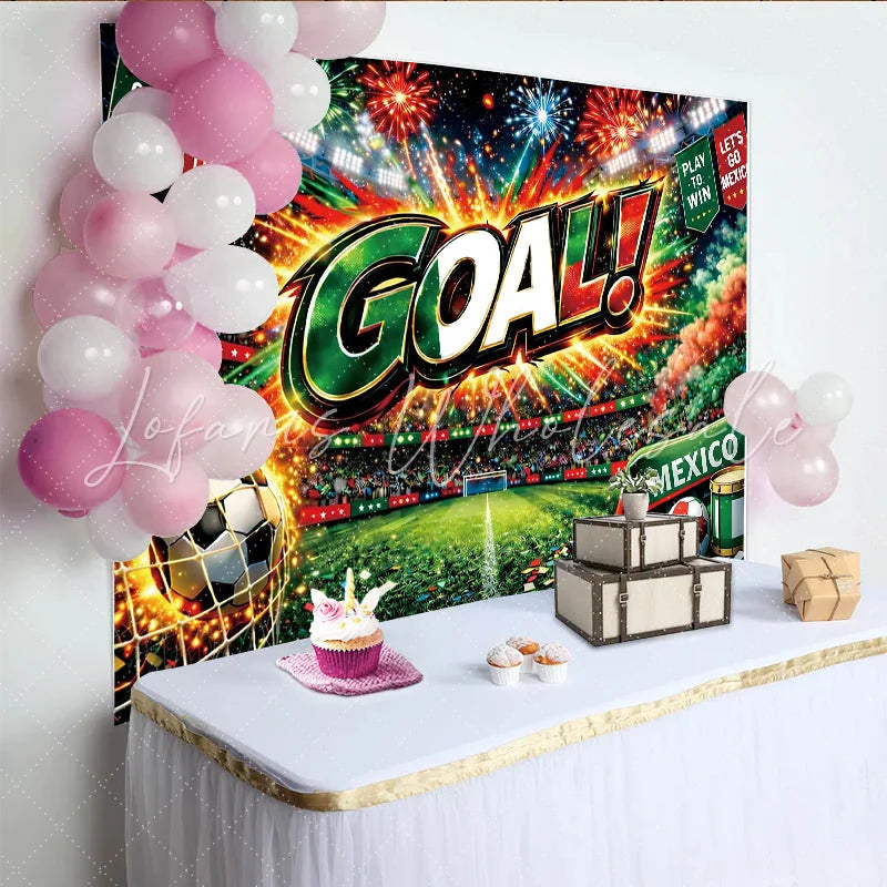 Lofaris Vibrant Mexican Soccer Fiesta Backdrop with Stadium and Goal Celebration Festive Party Background for Sports Event Decor.