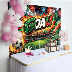 Lofaris Vibrant Mexican Soccer Fiesta Backdrop with Stadium and Goal Celebration Festive Party Background for Sports Event Decor.