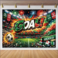 Lofaris Vibrant Mexican Soccer Fiesta Backdrop with Stadium and Goal Celebration Festive Party Background for Sports Event Decor.
