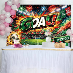 Lofaris Vibrant Mexican Soccer Fiesta Backdrop with Stadium and Goal Celebration Festive Party Background for Sports Event Decor.