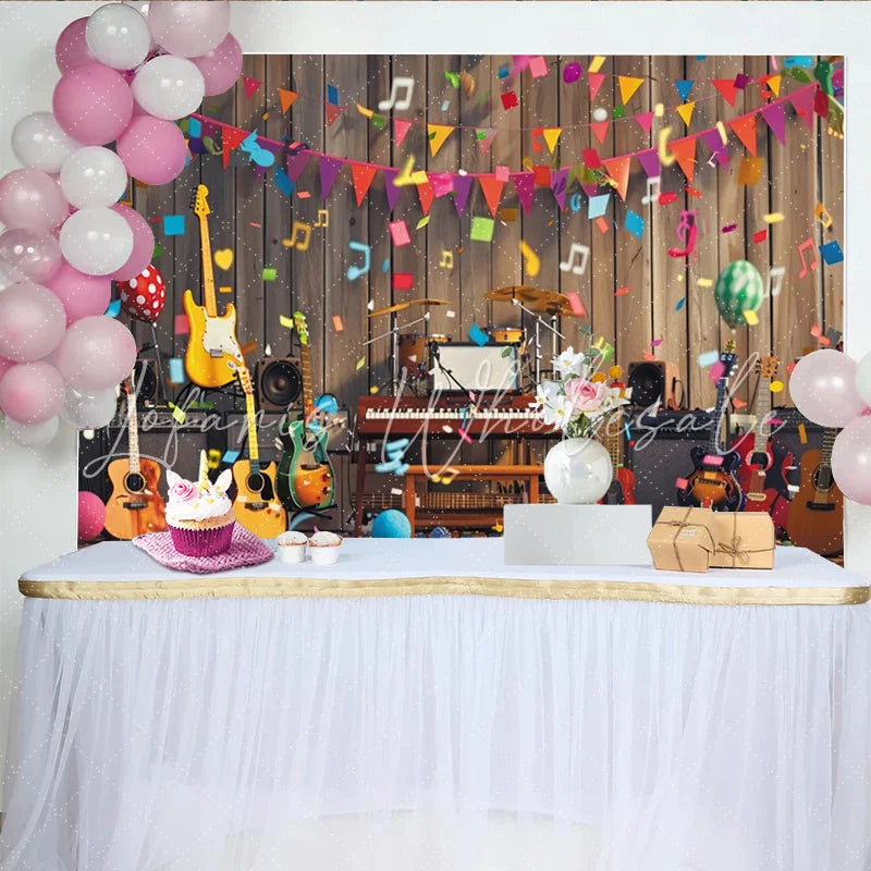 Lofaris Vibrant Music Party Birthday Backdrop with Guitars and Drums Colorful Celebration Background for Festive Photoshoot