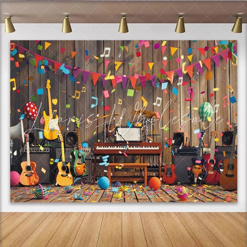 Lofaris Vibrant Music Party Birthday Backdrop with Guitars and Drums Colorful Celebration Background for Festive Photoshoot