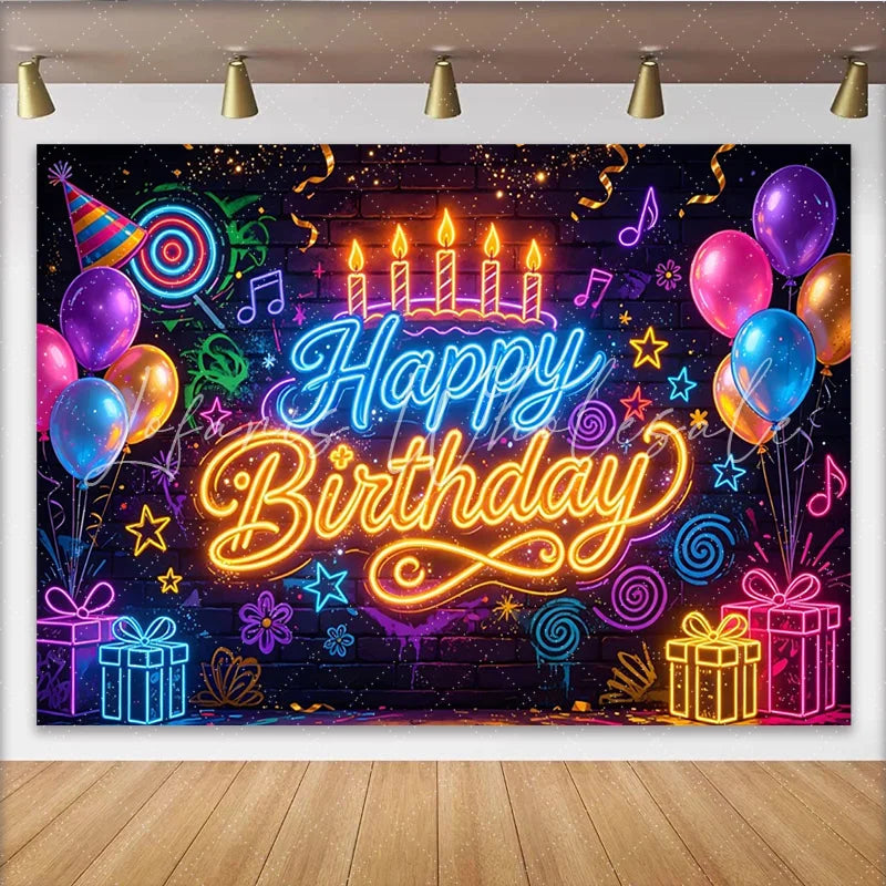 Lofaris Vibrant Neon Glow Happy Birthday Backdrop with Balloons and Gifts Colorful Brick Wall Photography Background for Party Decoration