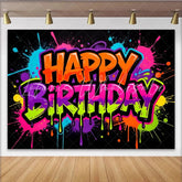 Lofaris Vibrant Neon Graffiti Happy Birthday Backdrop with Paint Splatters Colorful Party Background for Kids and Adults