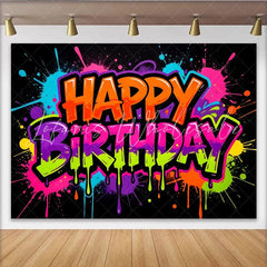 Lofaris Vibrant Neon Graffiti Happy Birthday Backdrop with Paint Splatters Colorful Party Background for Kids and Adults