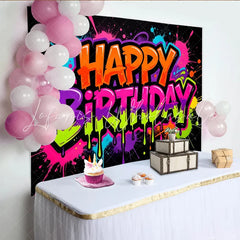 Lofaris Vibrant Neon Graffiti Happy Birthday Backdrop with Paint Splatters Colorful Party Background for Kids and Adults