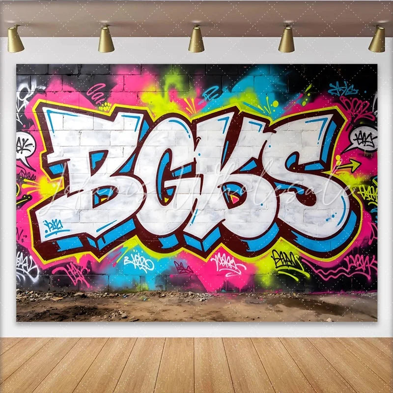 Lofaris Vibrant Neon Graffiti Wall Backdrop with Urban Brick Texture Colorful Street Art Background for Hip Hop Party and Photoshoot