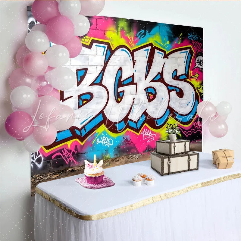 Lofaris Vibrant Neon Graffiti Wall Backdrop with Urban Brick Texture Colorful Street Art Background for Hip Hop Party and Photoshoot