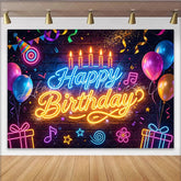Lofaris Vibrant Neon Happy Birthday Backdrop with Balloons and Confetti Glow Brick Wall Background for Party Decoration