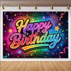 Lofaris Vibrant Neon Happy Birthday Brick Wall Backdrop with Rainbow Colors Sparkling Confetti Party Background for Festive Celebration