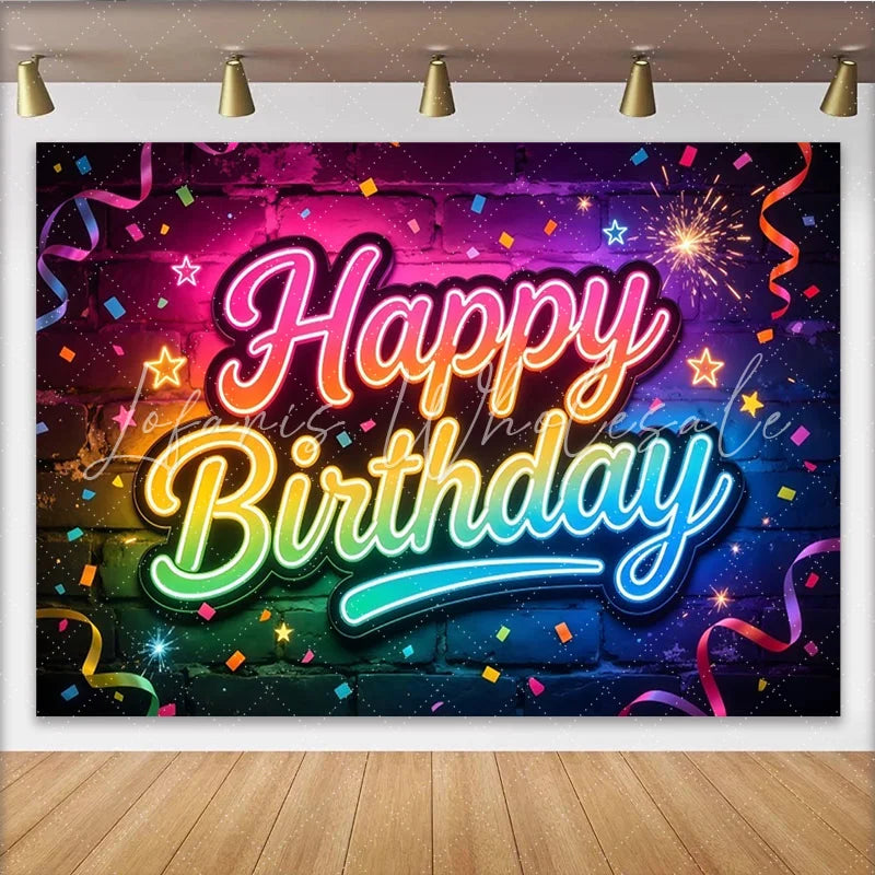 Lofaris Vibrant Neon Happy Birthday Photography Backdrop Colorful Brick Wall Background for Party Decor and Photoshoot