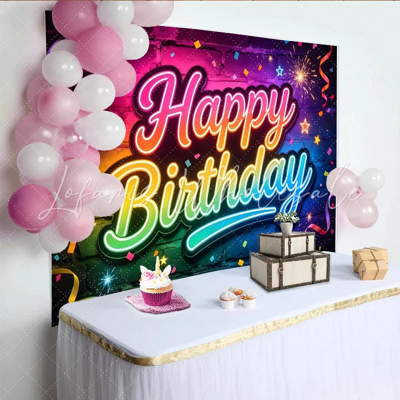 Lofaris Vibrant Neon Happy Birthday Photography Backdrop Colorful Brick Wall Background for Party Decor and Photoshoot