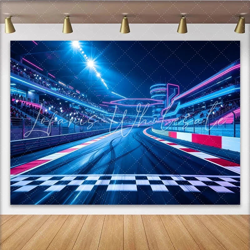 Lofaris Vibrant Neon Race Track Photography Backdrop Bright Blue and Pink Lights Stadium Background for Event Photoshoot