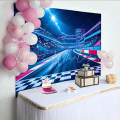 Lofaris Vibrant Neon Race Track Photography Backdrop Bright Blue and Pink Lights Stadium Background for Event Photoshoot