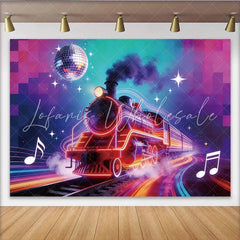 Lofaris Vibrant Neon Train Photography Backdrop with Disco Ball and Music Notes Dynamic Party Background for Creative Photoshoots and Events