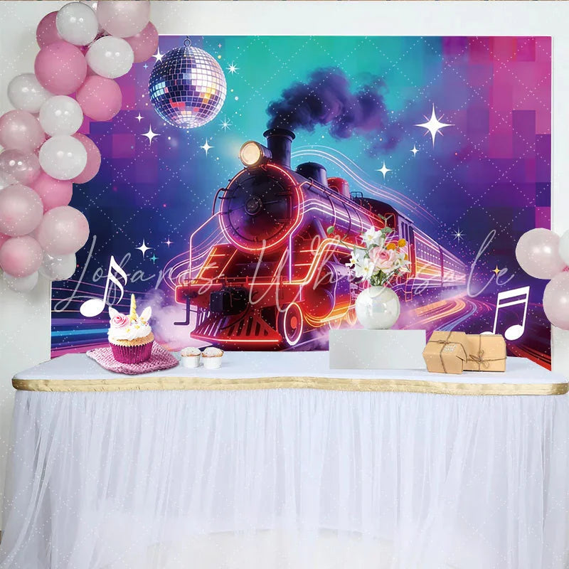 Lofaris Vibrant Neon Train Photography Backdrop with Disco Ball and Music Notes Dynamic Party Background for Creative Photoshoots and Events