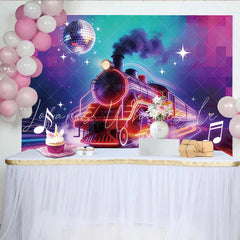 Lofaris Vibrant Neon Train Photography Backdrop with Disco Ball and Music Notes Dynamic Party Background for Creative Photoshoots and Events