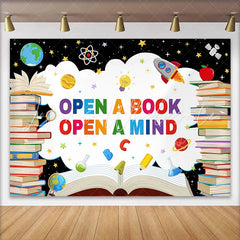 Lofaris Vibrant Open a Book Open a Mind Back to School Backdrop with Colorful Books and Space Elements Educational Party Decor for Kids