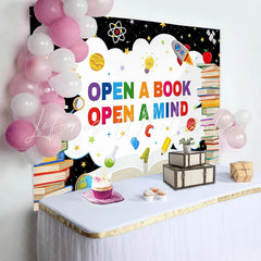 Lofaris Vibrant Open a Book Open a Mind Back to School Backdrop with Colorful Books and Space Elements Educational Party Decor for Kids