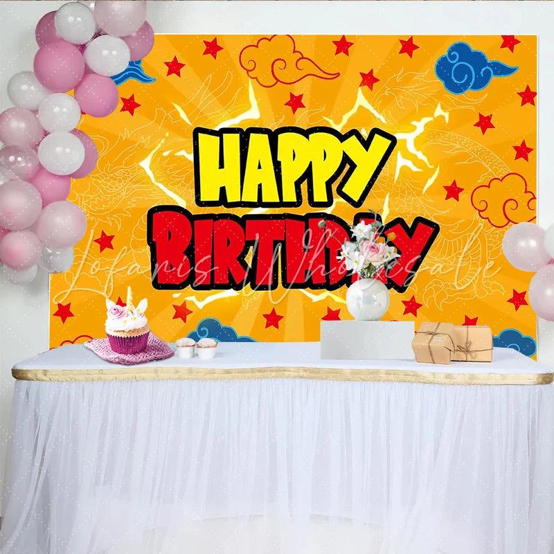 Lofaris Vibrant Orange Dragon Birthday Backdrop with Red Stars and Blue Clouds Happy Birthday Party Background for Kids Photoshoots