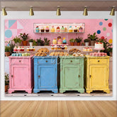 Lofaris Vibrant Pastel Sweet Shop Birthday Backdrop Colorful Desserts Vintage Cabinets Photo Background for Party Decor