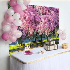 Lofaris Vibrant Pink Blossom Photography Backdrop with Lush Green Park Scenery Beautiful Spring Background for Outdoor Photoshoot