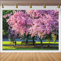 Lofaris Vibrant Pink Blossom Photography Backdrop with Lush Green Park Scenery Beautiful Spring Background for Outdoor Photoshoot