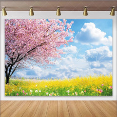 Lofaris Vibrant Pink Cherry Blossom Spring Floral Photography Backdrop with Yellow Flowers Nature Scenery Background for Studio Photoshoot