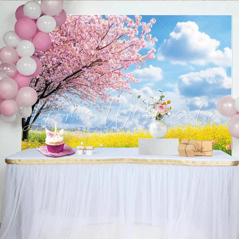 Lofaris Vibrant Pink Cherry Blossom Spring Floral Photography Backdrop with Yellow Flowers Nature Scenery Background for Studio Photoshoot