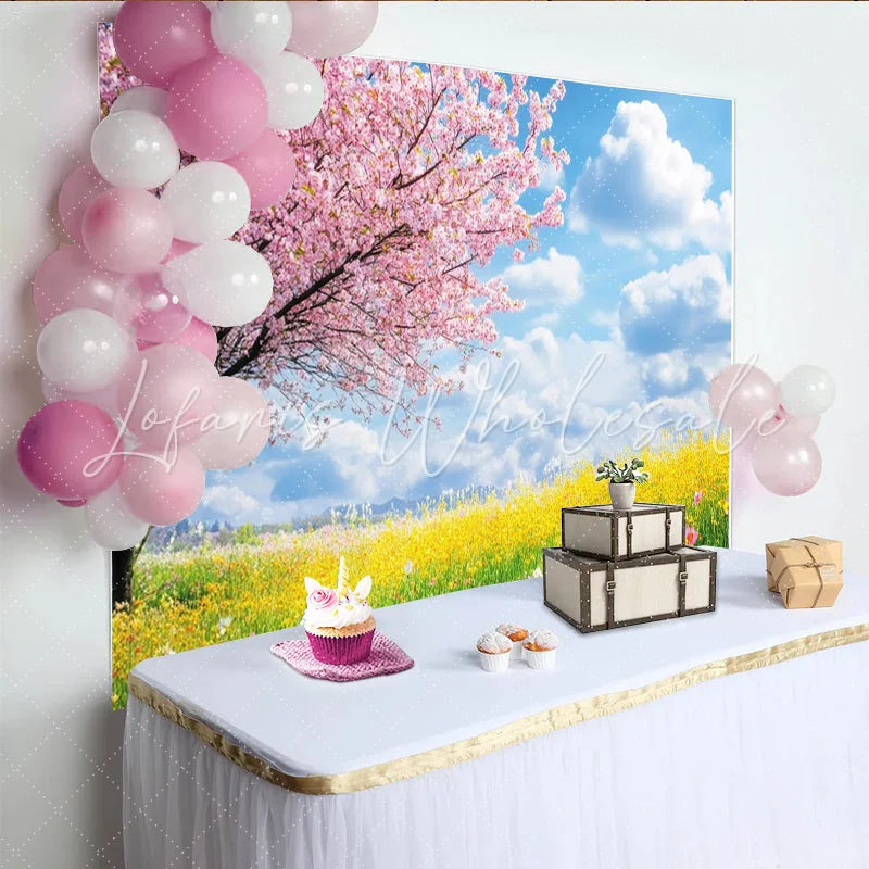 Lofaris Vibrant Pink Cherry Blossom Spring Floral Photography Backdrop with Yellow Flowers Nature Scenery Background for Studio Photoshoot