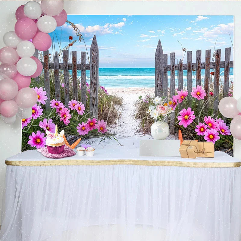 Lofaris Vibrant Pink Cosmos Beach Photography Backdrop with Wooden Fence Blue Ocean Seascape Background for Summer Photoshoot