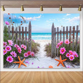Lofaris Vibrant Pink Cosmos Beach Photography Backdrop with Wooden Fence Blue Ocean Seascape Background for Summer Photoshoot