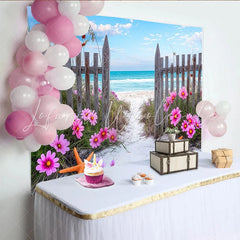 Lofaris Vibrant Pink Cosmos Beach Photography Backdrop with Wooden Fence Blue Ocean Seascape Background for Summer Photoshoot