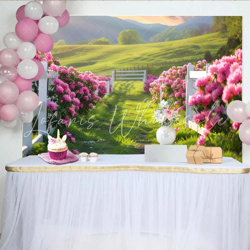 Lofaris Vibrant Pink Floral Path Photography Backdrop with White Fence Lush Green Scenery Background for Spring Photoshoot