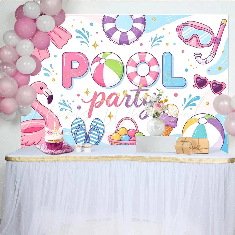 Lofaris Vibrant Pink Pool Party Birthday Backdrop with Flamingo Beach Ball and Snorkel Summer Celebration Background for Photoshoot