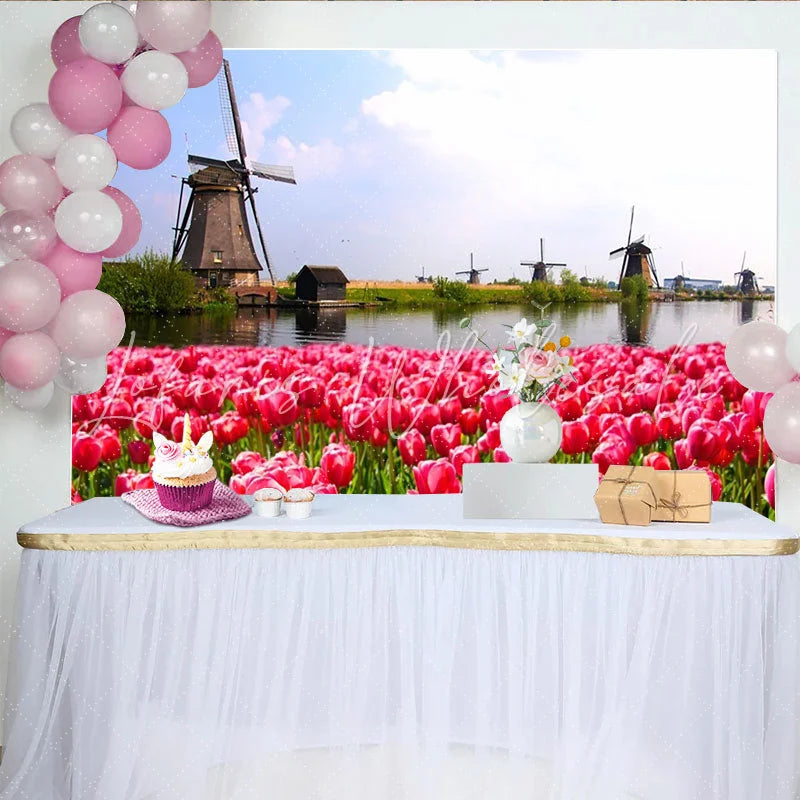 Lofaris Vibrant Pink Tulip Field and Dutch Windmill Photography Backdrop Scenic Spring Landscape Background for Studio Photoshoot
