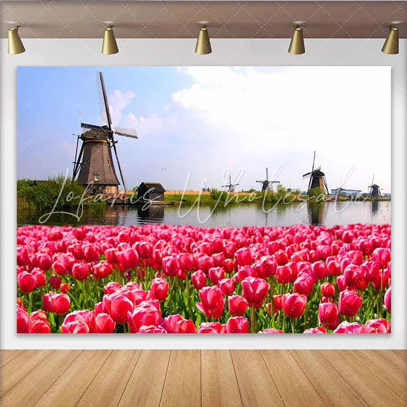 Lofaris Vibrant Pink Tulip Field and Dutch Windmill Photography Backdrop Scenic Spring Landscape Background for Studio Photoshoot