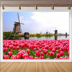 Lofaris Vibrant Pink Tulip Field and Dutch Windmill Photography Backdrop Scenic Spring Landscape Background for Studio Photoshoot