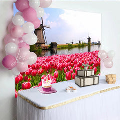 Lofaris Vibrant Pink Tulip Field and Dutch Windmill Photography Backdrop Scenic Spring Landscape Background for Studio Photoshoot