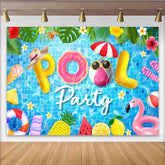 Lofaris Vibrant Pool Party Backdrop with Inflatable Letters and Tropical Leaves Summer Photography Background for Fun Events.