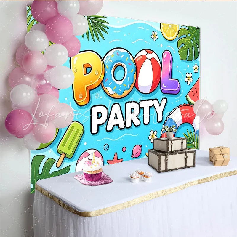 Lofaris Vibrant Pool Party Backdrop with Summer Elements and Fun Text Lively Photography Background for Celebration Decor