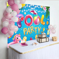 Lofaris Vibrant Pool Party Birthday Backdrop with Inflatable Letters and Tropical Flowers Summer Celebration Background for Photoshoot Decor