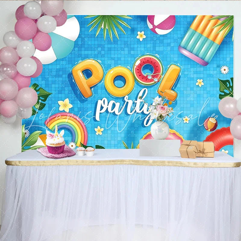 Lofaris Vibrant Pool Party Photography Backdrop with Blue Water and Tropical Leaves Colorful Floats and Beach Balls for Summer Decor