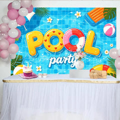 Lofaris Vibrant Pool Party Photography Backdrop with Floating Letters and Beach Balls Summer Celebration Background for Photoshoot