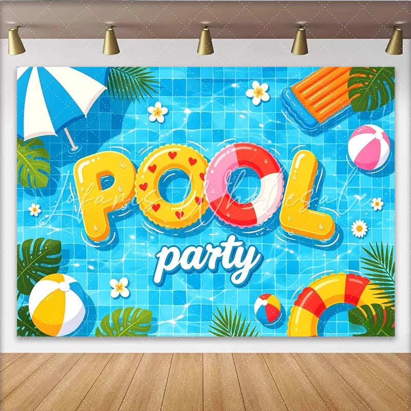 Lofaris Vibrant Pool Party Photography Backdrop with Floating Letters and Beach Balls Summer Celebration Background for Photoshoot